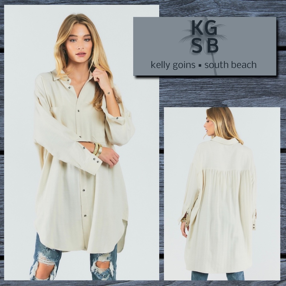 📌 DAVI&DANI Lux Linen-Look Button Up Oversized Shirt Dress Scooped Hem, Pockets